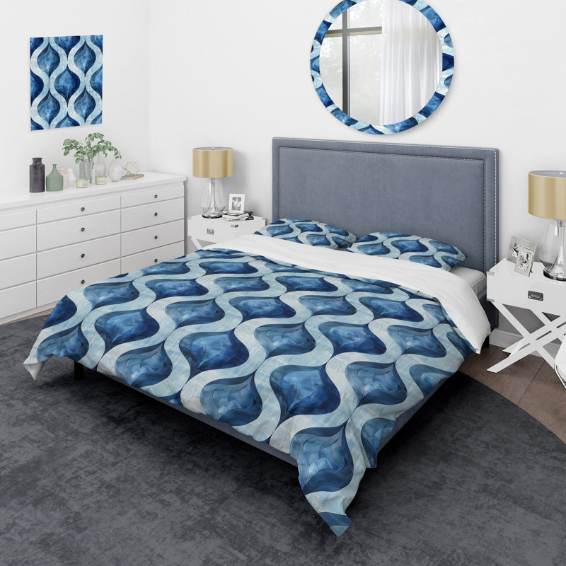 Ensemble de housse de couette moderne bleu et blanc Ogee Patten VII, Housse de couette très grand et 2 très grandes t