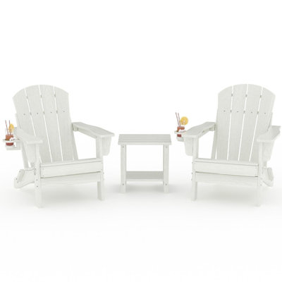 All-Weather HDPE Folding Adirondack Chairs with Side Table - Wooden Grain Texture & Cup Holders, Collapsible, Outdoor Patio Seating for Deck, Garden, Fire Pit (White 2 Chairs + 1 Side Table)