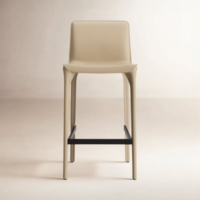 Full Assembled 26"H Counter Stool, Saddle Leather Upholstered Bar Stool With Padded Seat, Counter Height Barstool With Metal Frame Footrest For Kitchen Island Bar Counter, Khaki
