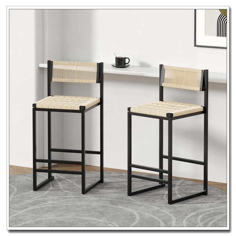 Tabourets de bar tissés avec dossier en corde de papier, Blanc crémeux