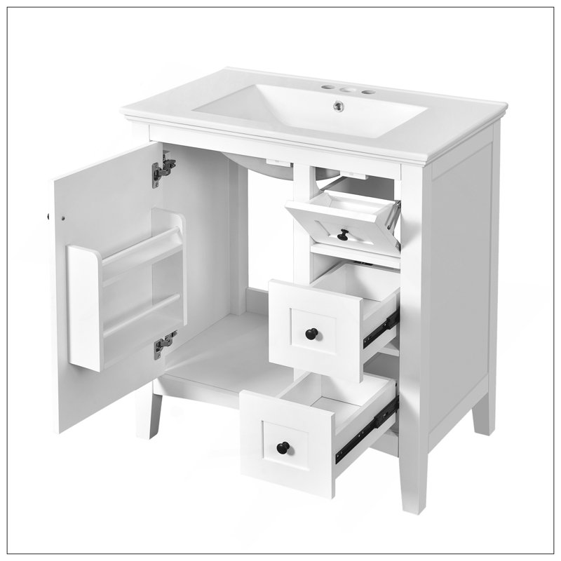 Meuble-lavabo sophistiqué de 30 po avec lavabo en céramique, salle de bain blanche avec 3 tiroirs, armoire de rangement moderne en bois massif, idéale pour la maison