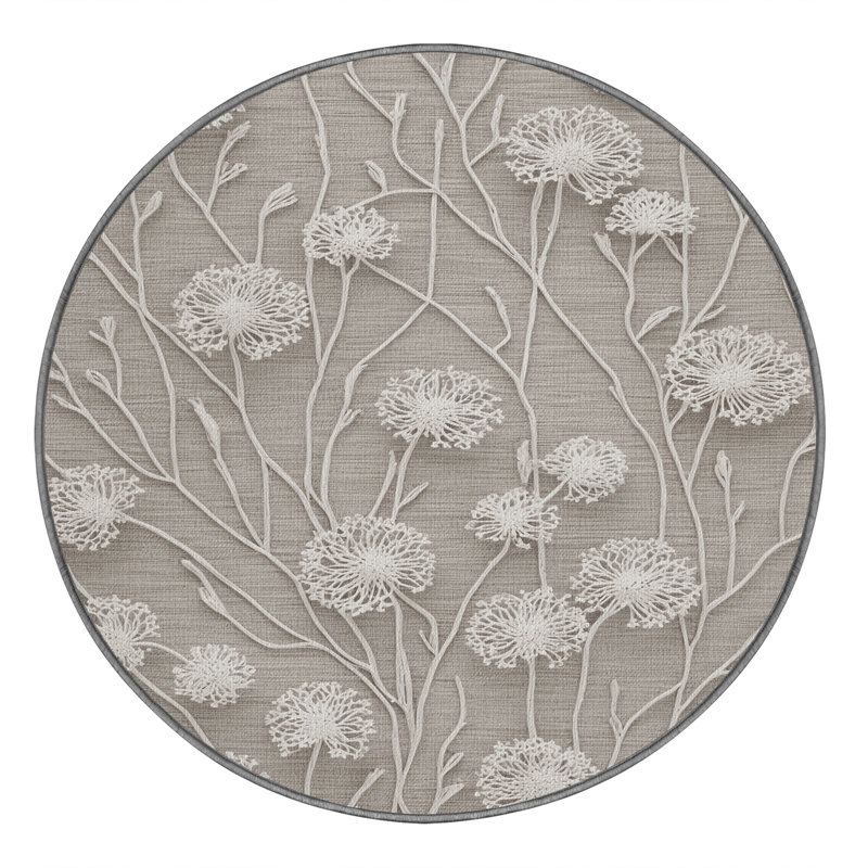 Machine Washable Botanical Gray Area Rug, Round 6'