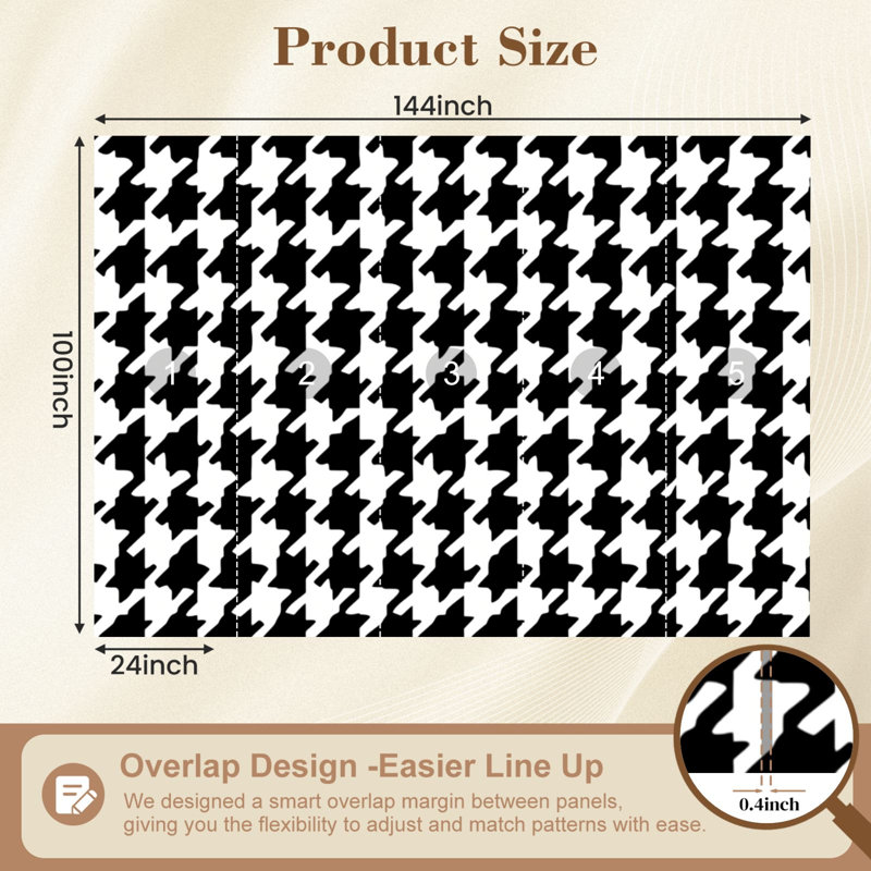 Papier peint adhésif noir et blanc Houndstooth, L 144 po x l 100 po