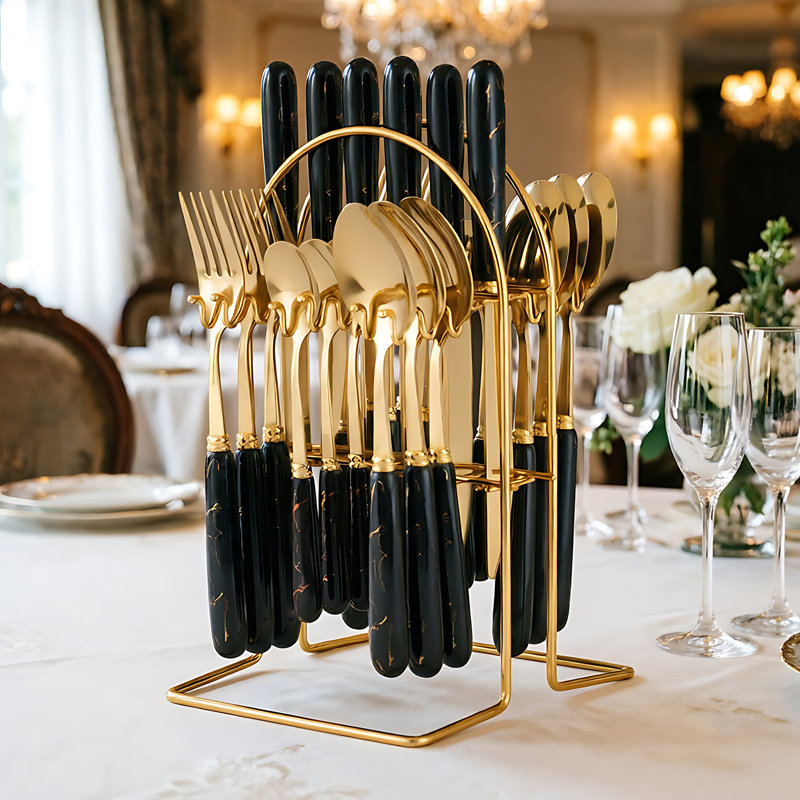 24-Piece Stainless Steel Cutlery Set with Storage Rack, Black/Gold