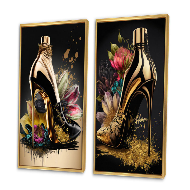«Gold Champagne Heel III», 2 pièces sur toile, H 32 po x l 32 po, Encadrement doré