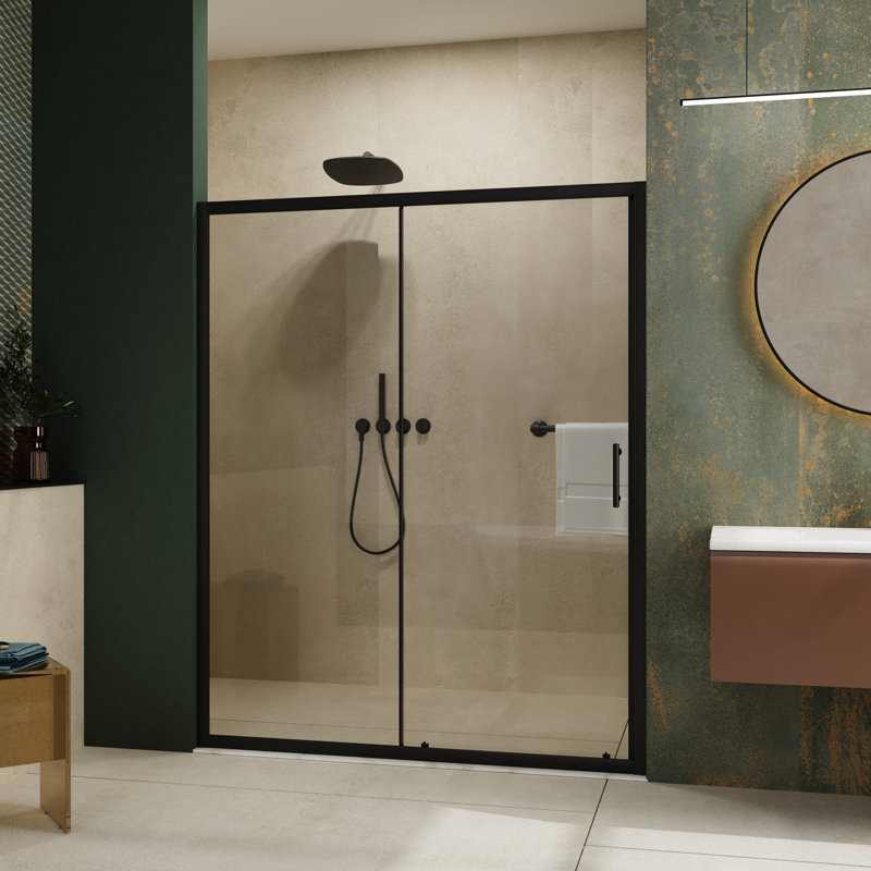Porte de douche coulissante simple 72 po H x 60 W, verre trempé de 1/5 po, alliage d'aluminium noir, poignée en acier inoxydable, qualité supérieure de durabilité avancée