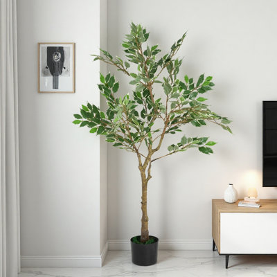 51" Artificial Ficus Tree - Faux Weeping Fig With Black Plastic Pot, Fake Indoor Tree For Home Decor, Uv-resistant Foliage