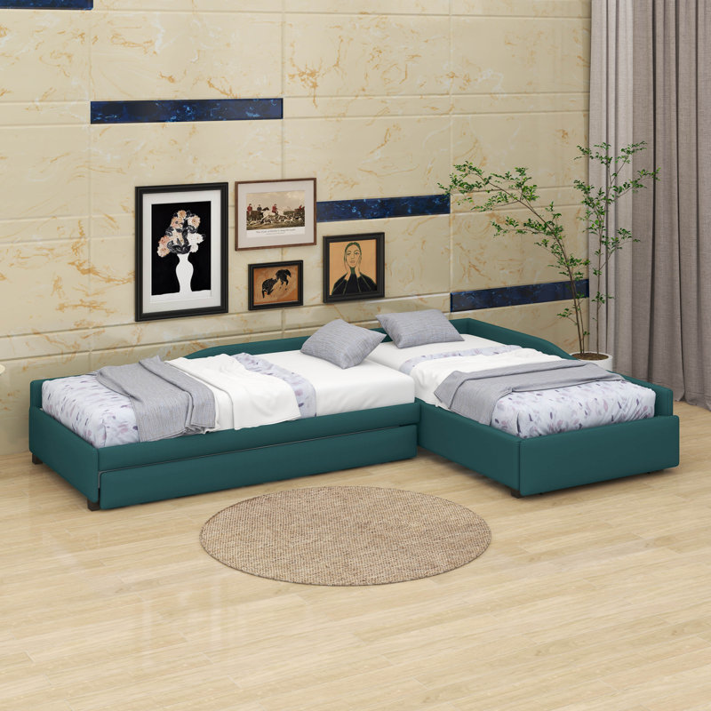 Upholstered Double Twin Size Daybed With Trundle And Drawer, Green