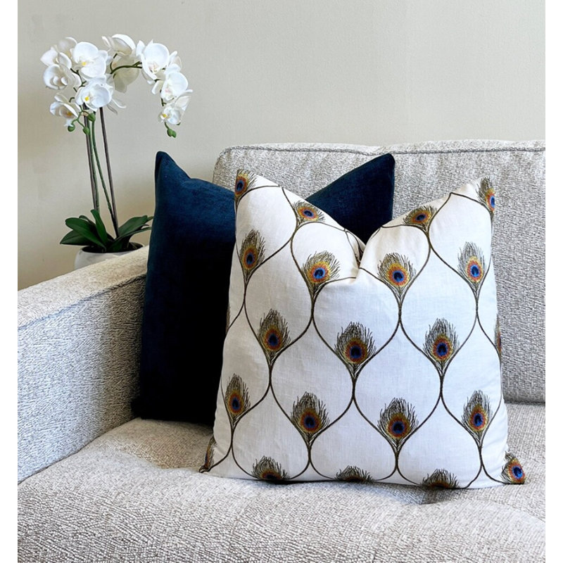 Housse de coussin brodée paon brodé, H 22 po x l 22 po