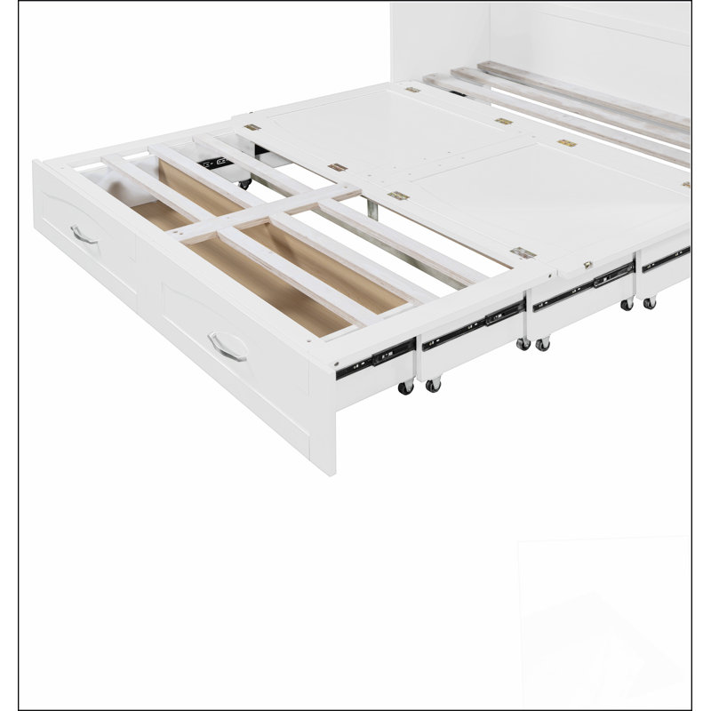 Grand lit escamotable mural avec tiroir et un ensemble de prises et de ports USB, structure à poulie