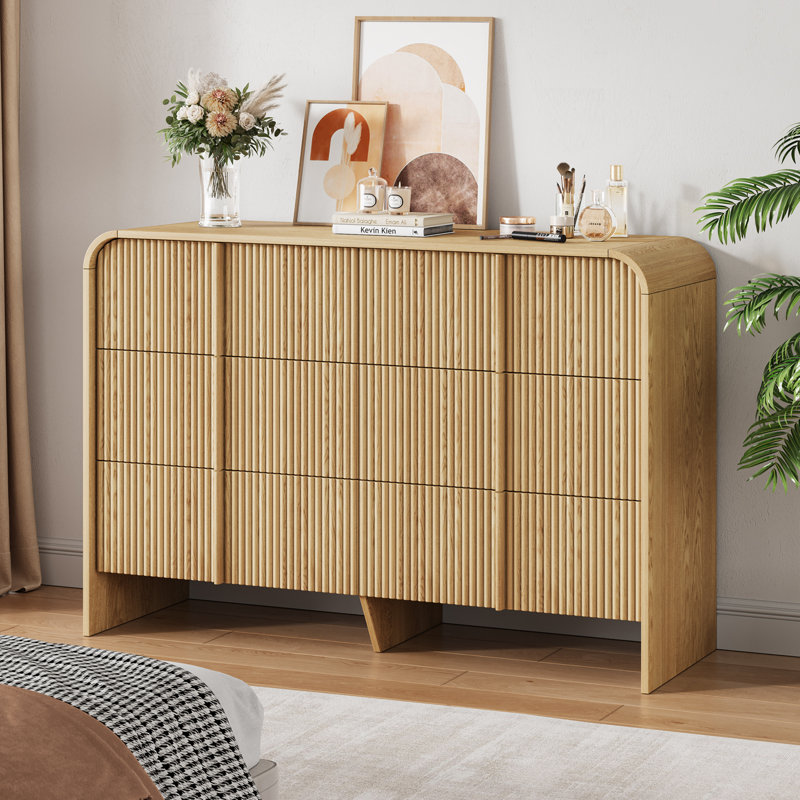 Commode 6 tiroirs l 47,2 po avec panneau cannelé, commode courbée moderne, brun, Brun