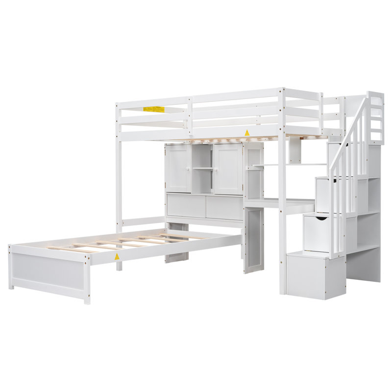 Lit superposé en L avec bureau et système de rangement, Blanc
