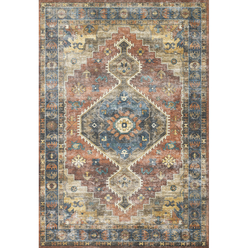 Tapis oriental rouille / bleu Gelo, Rectangle 3 pi 6 po x 5 pi 6 po