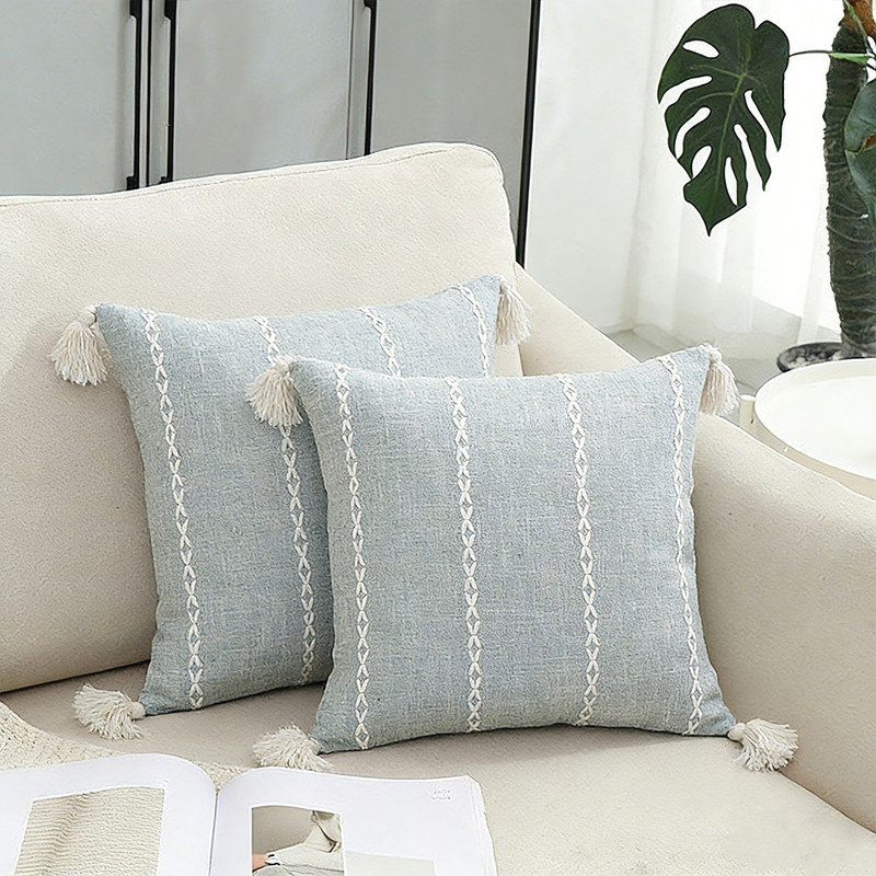 Set Of 2 18X18 Blue-Green Boho Farmhouse Decorative Throw Pillow Cover – Modern Textured Cushion Case With Tassels For Couch, Sofa, And Bed