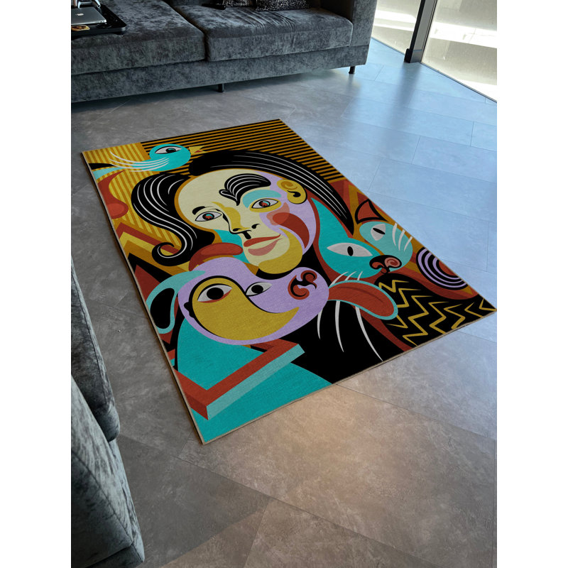 Tapis décoratif multicolore à motif de portrait de femme et de chat, Rectangle 4 pi 11,06 po x 9 pi 10,11 po