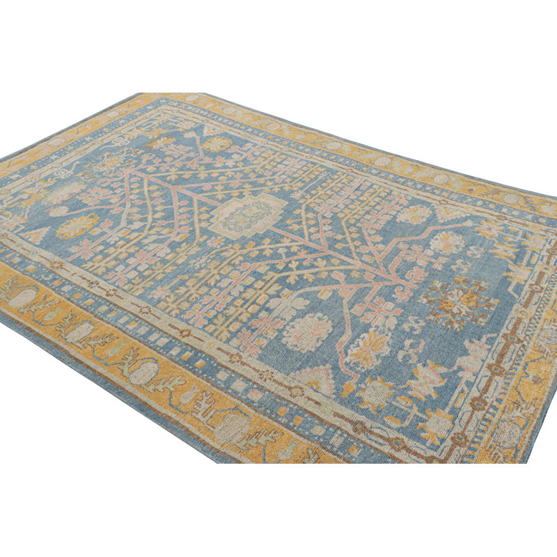Rug & Kilim’S Khotan Samarkand Style Rug In Blue With Floral Medallions, Rectangle 6'4" x 8'6"
