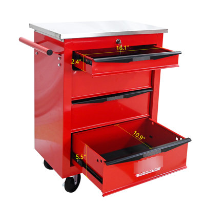 Chariot à outils à 4 tiroirs avec toit en acier inoxydable, rouge et noir, pour le garage, l'entrepôt et l'atelier de réparation, freins à roues universels, poignée à tirer d'un côté, tiroirs à roulement, rangement à clé