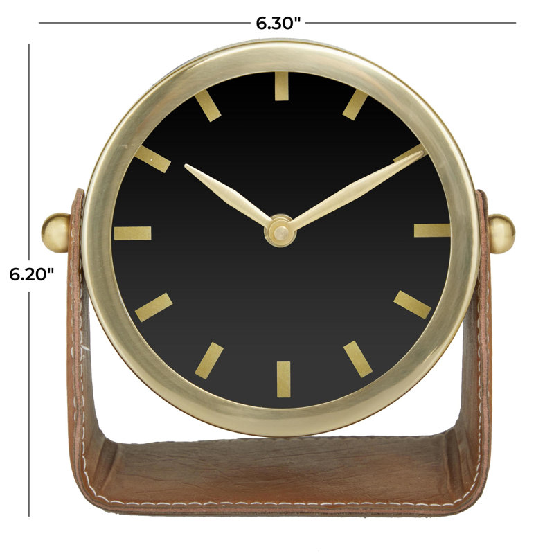 Horloge décorative en acier inoxydable avec support en cuir, H 6,20 po x l 6,30 po x P 3,10 po, Or
