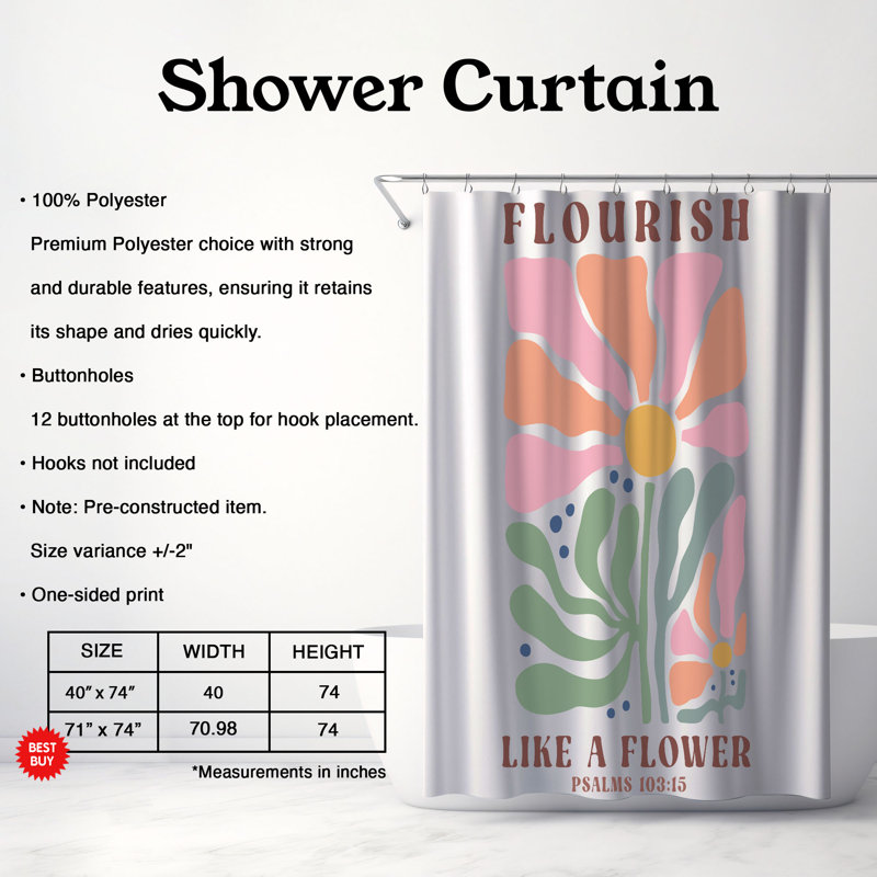 Rideau de douche standard 1 pièce Grace Flowers, H 74 po x l 71 po