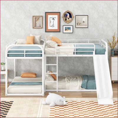 Double et amp; Lit simple superposé en forme de L en métal avec glissade et amp; Échelle courte - aucun sommier nécessaire, blanc pour la maison / chambre d'amis