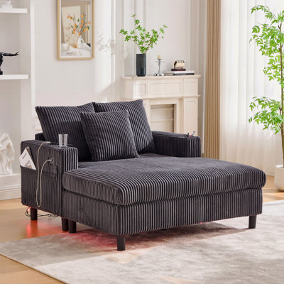Canapé inclinable moderne en velours côtelé surdimensionné avec assise profonde, 3 coussins, charge USB, bande lumineuse à DEL RVB, porte-gobelet, poche latérale - convient au salon et à la chambre à coucher