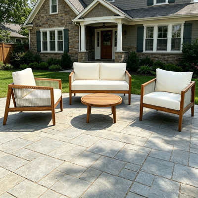 Outdoor 4-Piece Sofa Set, Acacia Wood Frame with Rope Detail, Water-Repellent Beige Cushions for Patio/Backyard/Deck