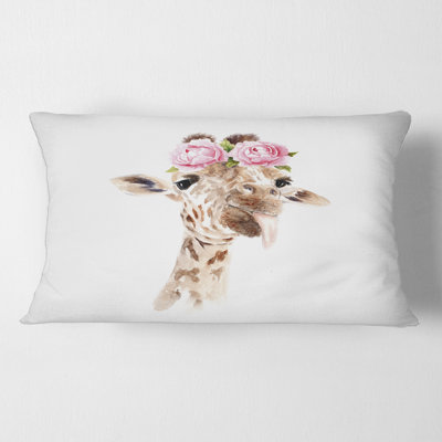Portrait d'une girafe avec des fleurs I Housse de coussin rectangulaire et insert