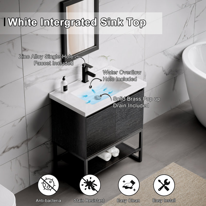 Azai 30'' Modern Single Bathroom Vanity Set with Sink Top, Faucet, Open Shelf, Metal Frame, Black