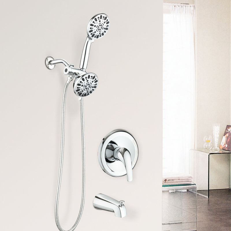 High Tub Spout Shower System - Dual 2 In 1 Faucet With Valve. 7 Spray Patterns For Comfortable Shower. . Metal Structure. 1.8 Gpm. 59" Hose. 1/2" Connection Wall Mounted Faucet. Modes Head & Hand