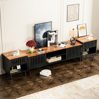 Meuble télé de 63 po avec espace de rangement abondant, portes grillagées noires, accessoire de salon et de chambre à coucher, supporte de nombreuses options de 60 po, 4 tablettes, pour la décoration de la maison, peut accueillir jusqu'à