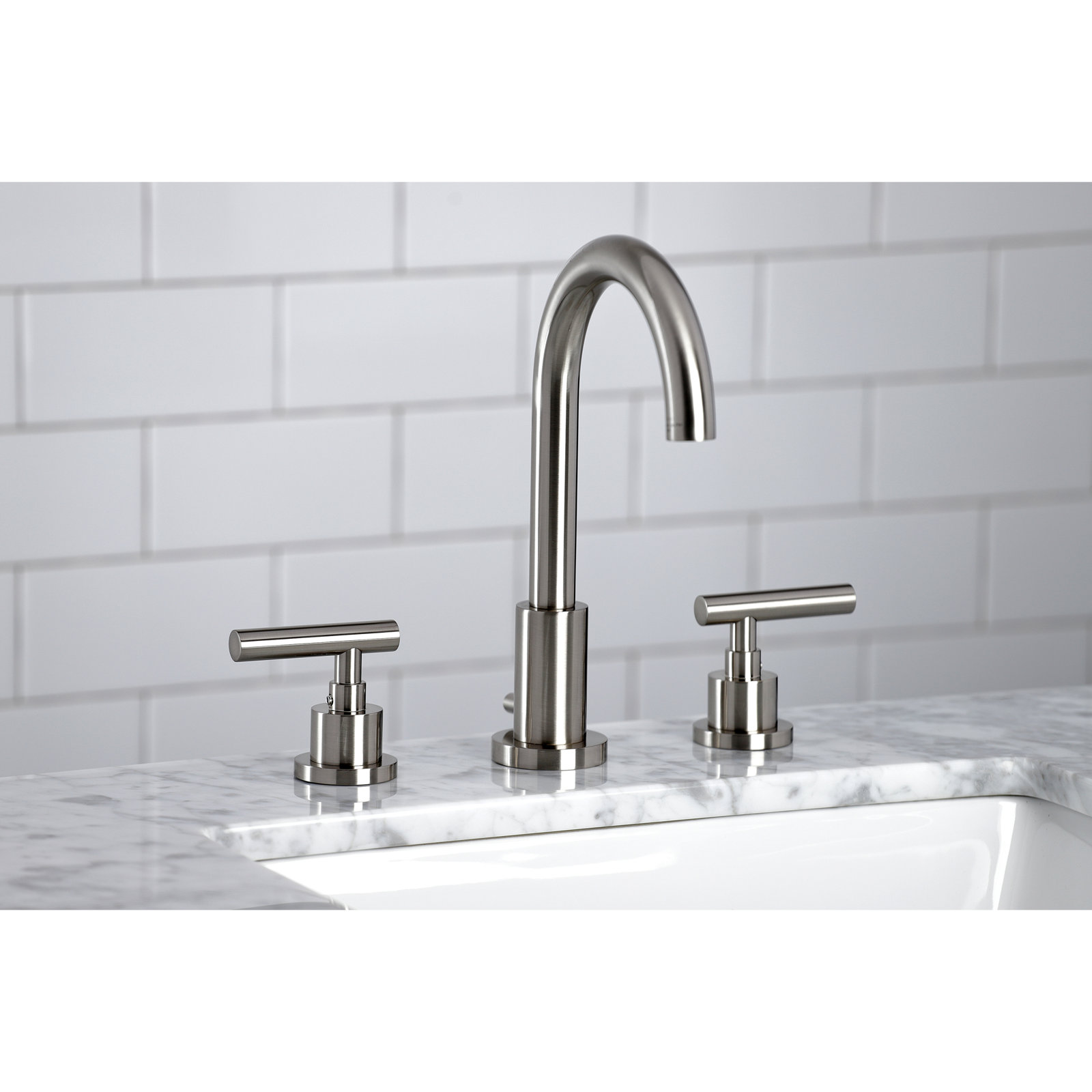 Kingston Brass Manhattan Two-Handle 3-Hole Deck Mount Widespread Bathroom Faucet with Brass Pop-Up Drain, Brushed Nickel
