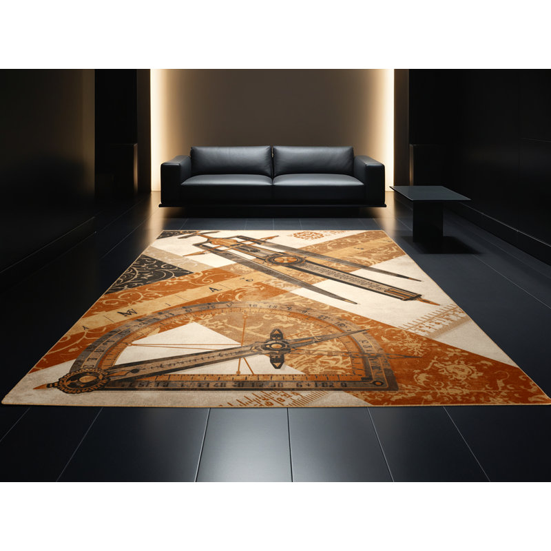 Tapis oriental classique lavable à la machine ovaccor compractor compass en brun - reliure brun clair, 6 x 9
