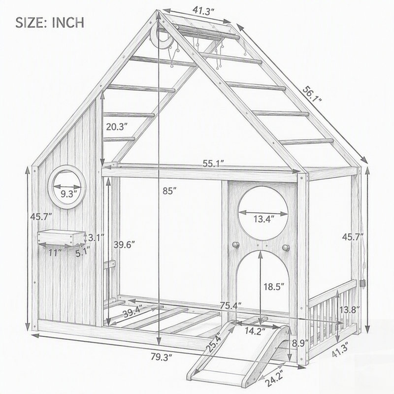Lit cabane avec glissade et guirlande lumineuse à billes, design cabane en bois pour des chambres amusantes et confortables