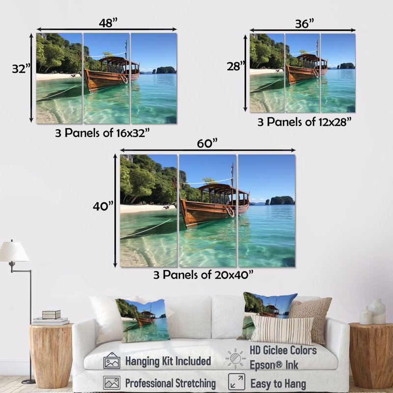 Bateau dans le paradis des sables blancs de Krabi II - plage, art mural, H 28 po x l 36 po