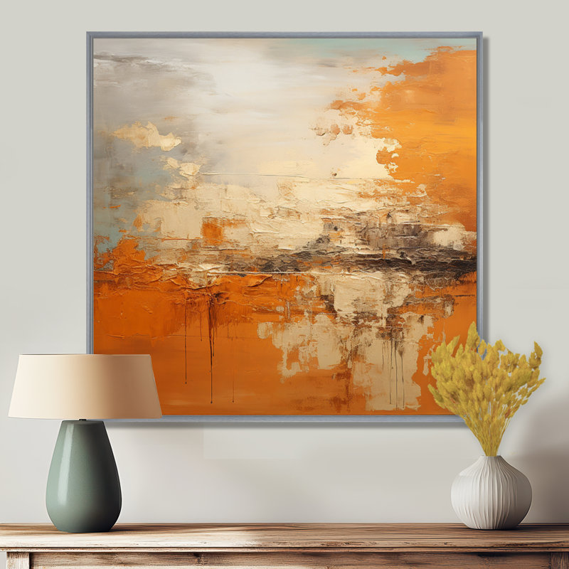 «Copper Glow», impression d'art abstrait paysage, H 16 po x l 16 po x P 1 po, Cadre argenté flottant