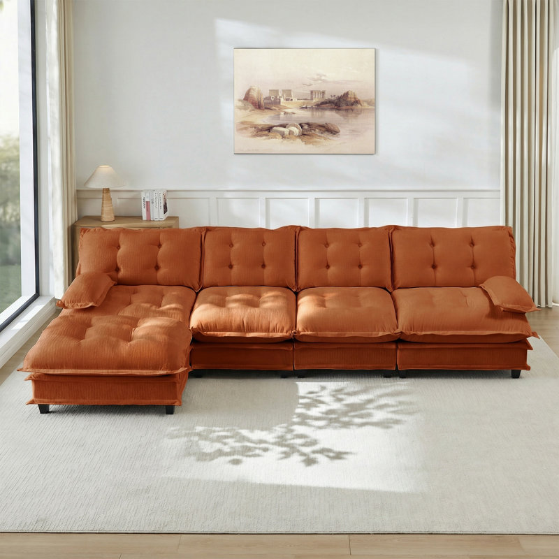 Canapé en forme de L de 138,5 po avec repose-pieds, pour salon, chambre à coucher et appartement, Chenille orange