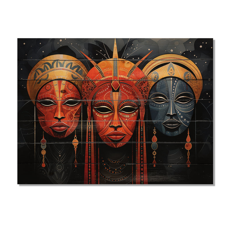 Masques rouges d'Afrique II sur bois, H 30 po x l 40 po x P 0,78 po