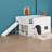Full Size Low Loft Bed With Slide And Shelves, Wooden Loft Bed Frame With Storage Shelves, Door And Window Design-1527324919