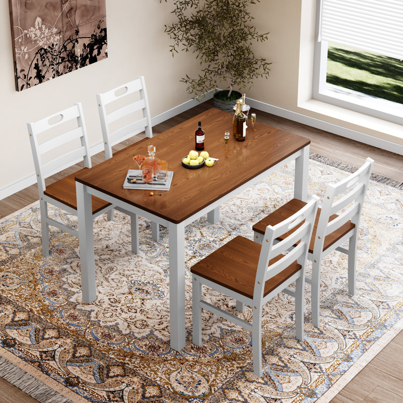 5-Piece Kitchen Dining Table Sets, Space-Saving Solid Wood Kitchen Dining Sets with 4 Slat Back Chairs, American Walnut/White