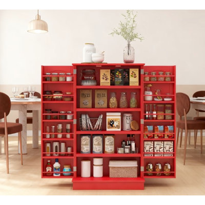 Red Kitchen Storage Cabinet, 5 - Tier Shelving, 12 Spice , Magnetic Doors, Adjustable Shelves, Design Sideboard With Storage, Tipping, Assembly Required