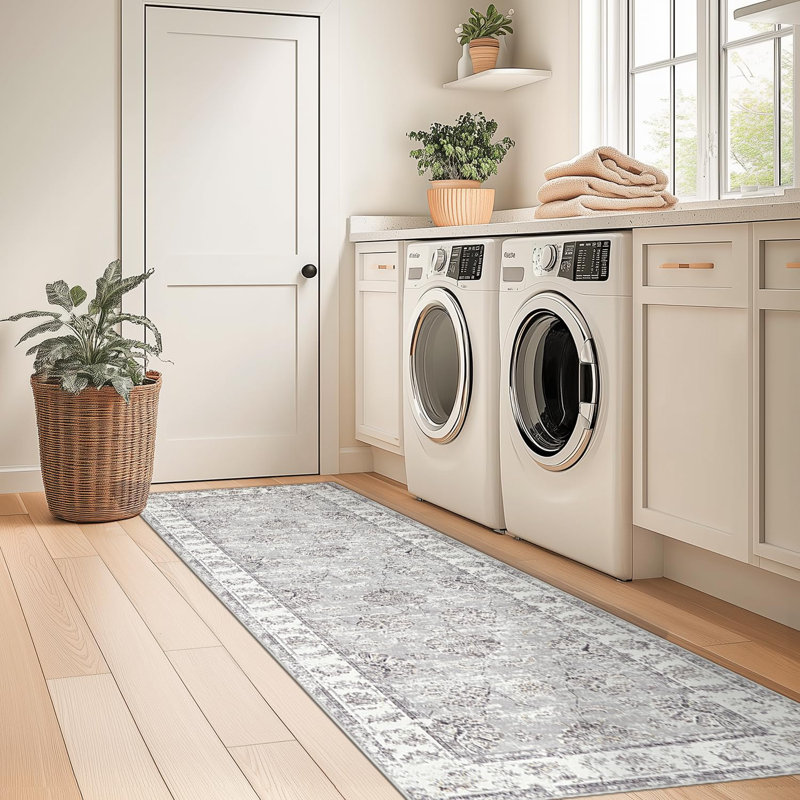 Tapis floral imprimé botanique rétro gris vieilli, Gris vieilli, Tapis de couloir 2 pi x 12 pi