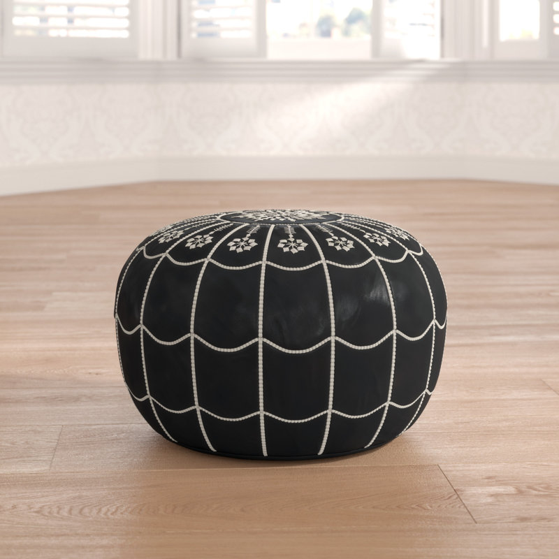 Leather Pouf, Black Genuine Leather