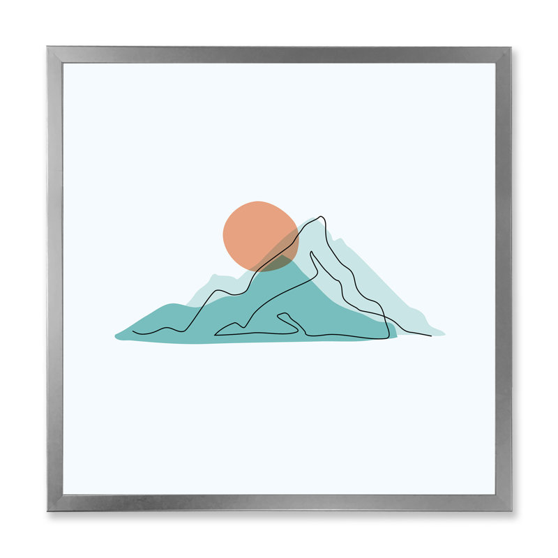 Lune rouge sur les montagnes bleues abstraites II - peinture sur toile, H 16 po x l 16 po x P 1 po, Encadrement argenté