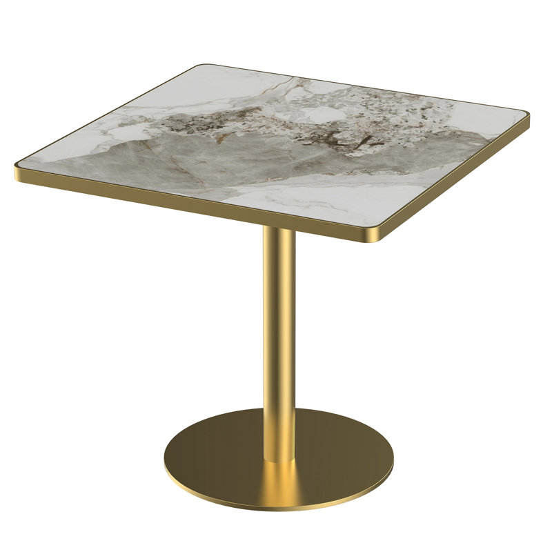 Table carrée bistro moderne tulipe avec plateau en faux marbre 31,5 pouces, Blanc / Brun