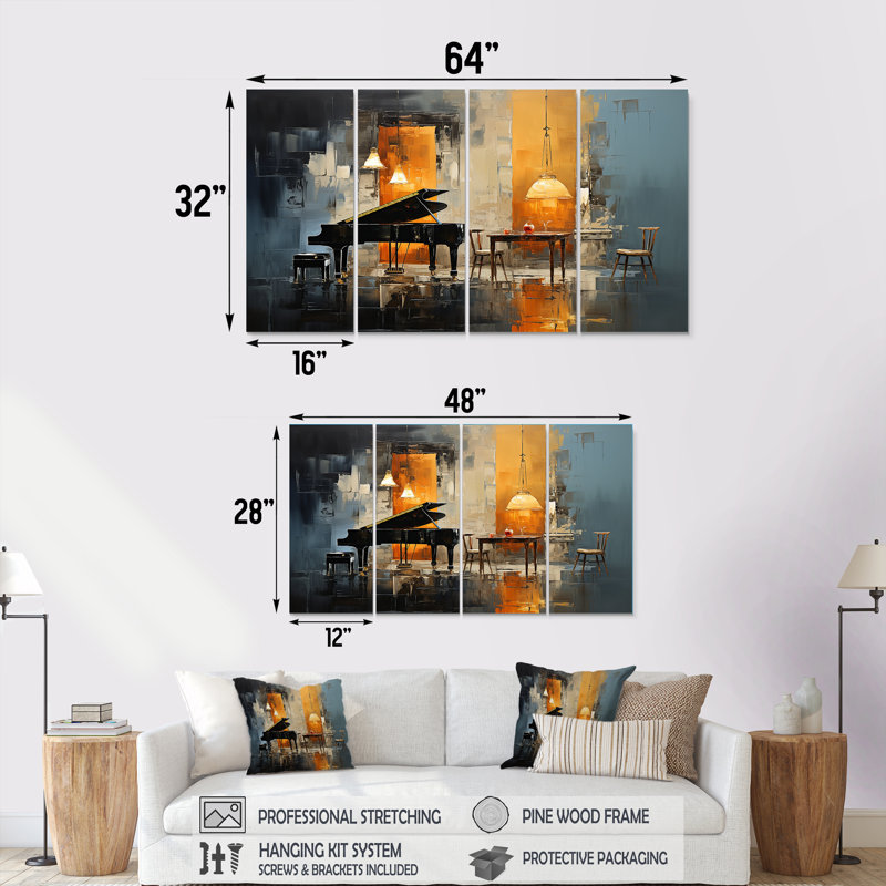 Ensemble d'illustrations murales 4 pièces jaune et bleu, H 28 po x l 48 po