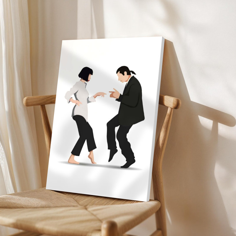 Couple dansant de manière stylisée, style artistique minimaliste. Art mural encadré en toile - Cadre en bois massif de 24 po x 36 po et 1 po d'épaisseur pour le salon ou la chambre à coucher