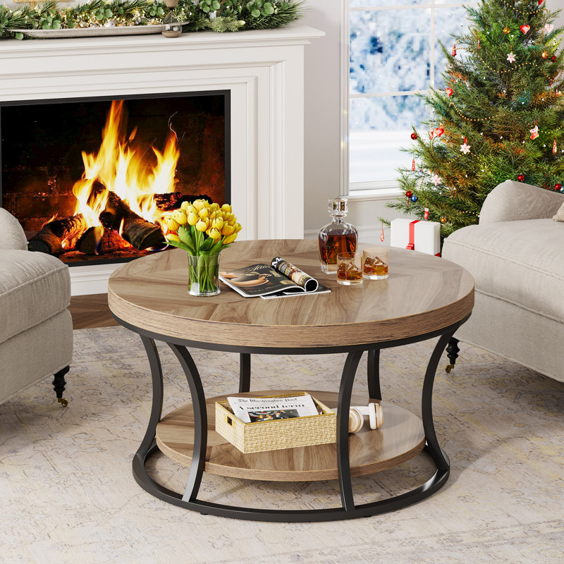 Table basse ronde avec rangement, table de cocktail à 2 niveaux, Marron clair