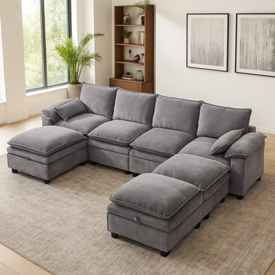 130'' 4-Seat Chenille Sectional With Three Ottomans