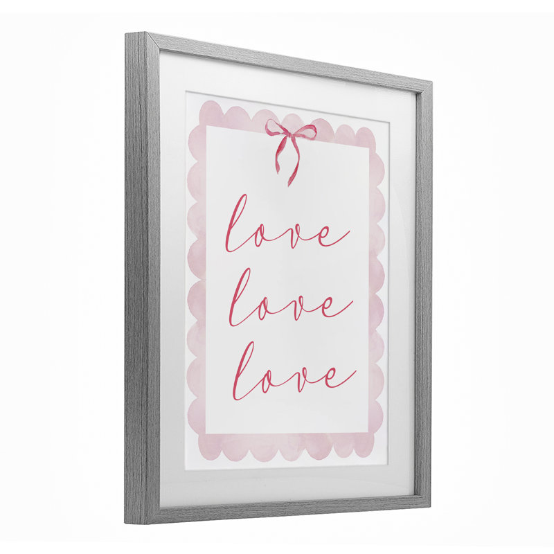 «Cursive Love and Pink Bow», reproduction imprimée sous verre, conception de Lucille Price, Cadre de ferme gris