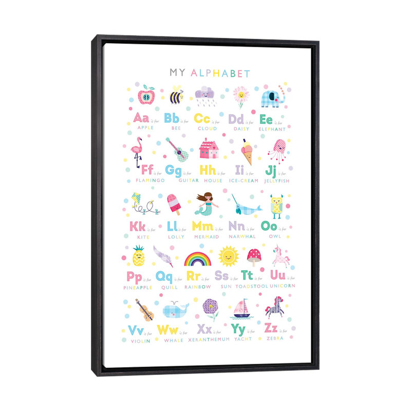 Alphabet imprimé - impression d'art graphique, H 26 po x l 18 po x 1,5 po, Toile avec cadre noir patiné, Pas de tapis